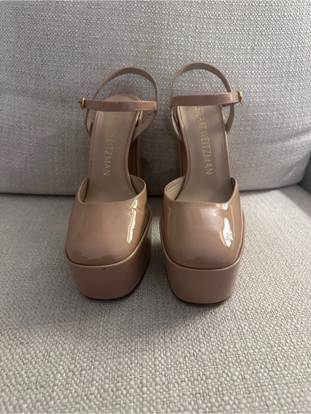 Stuart Weitzman Skyhigh Patent Leather Ankle-Strap Pump Block Heels Closed Toe